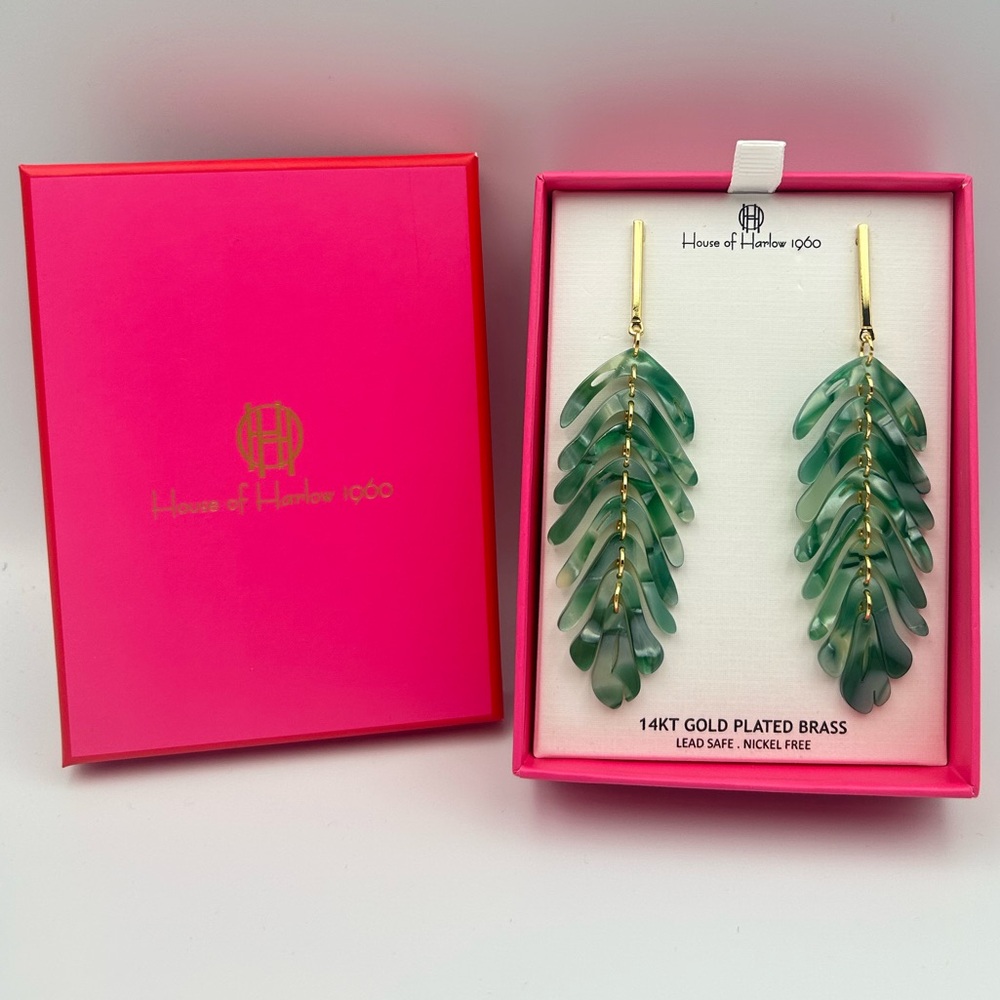 *New* House of Harlow 1960 14KT Gold Plated Brass Green Leaf Dangle Earrings